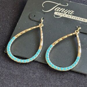 Gold and Turquoise Teardrop Dangle Earrings 2 inch